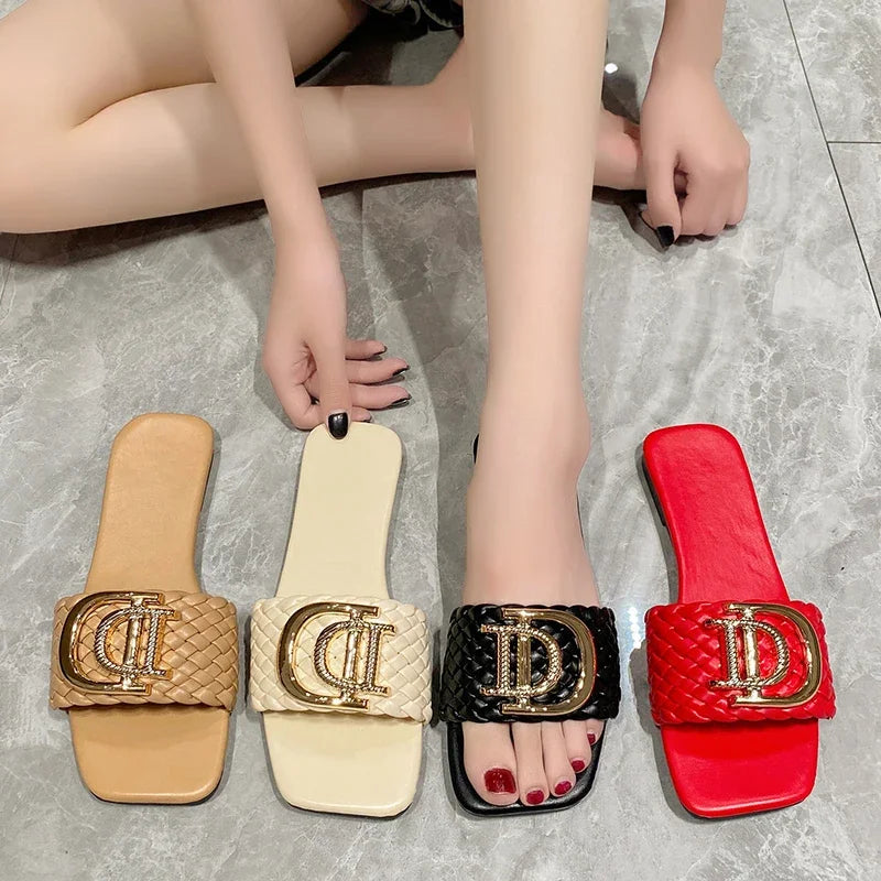 Women Slippers Party Sexy Elegant Slippers Women Luxury Decor Weave Designer Flat Sandals Fashion Open-toe Vacation Slides Women - footmaxldn