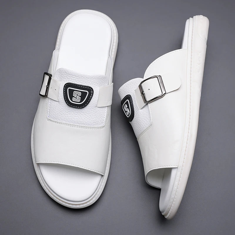Men's Leather Slide Sandals with Buckle Strap – Footmaxldn