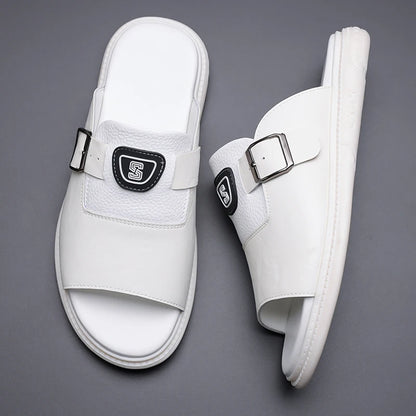 Men's Leather Slide Sandals with Buckle Strap – Footmaxldn