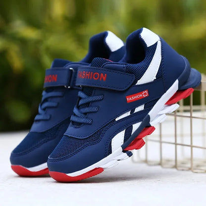 Blue and red sneakers with 'Fashion' label on a blurred green background