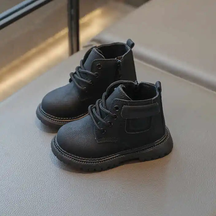 Children Leather Boots Boys Fashion Autumn Winter New Casual Comfortable Short Boots Warm Kids Anti-slip Tactical Military Boots - footmaxldn