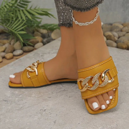 Footmaxldn Women's Metal-Accent Slip-On Sandals | Open Toe Flat Mules