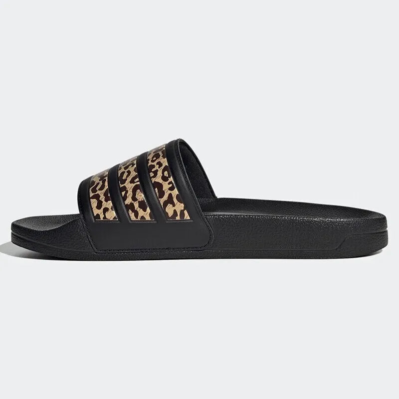 Adidas Trendy Slides. Black - gold Leopard Print Design, Suitable for Summer Outdoor Wear, the First Choice for Casual and Versa - footmaxldn