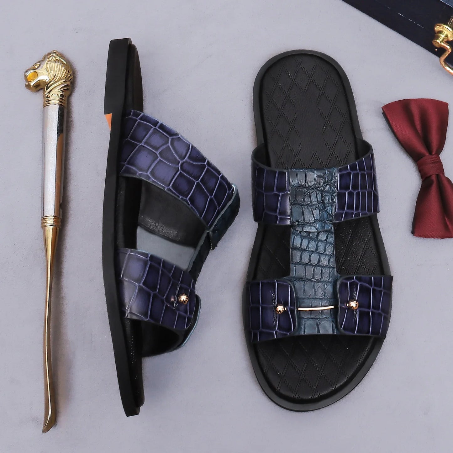 Men's Croc-Embossed Leather Slide Sandals | H-Strap Summer Slides – Footmaxldn
