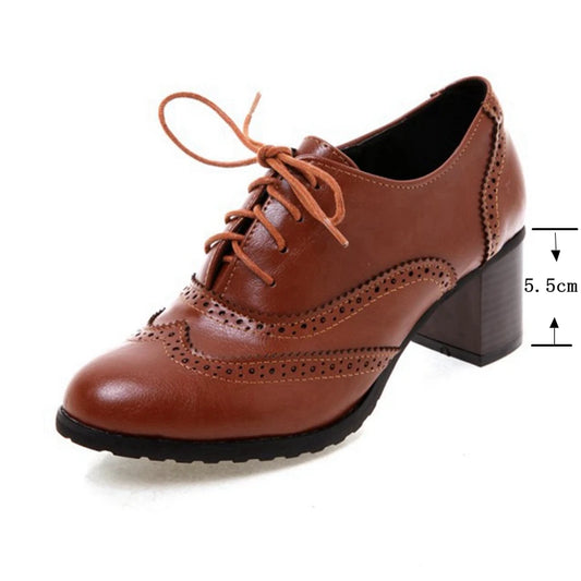 Footmax Women's Wood Heel Platform Brogue Pumps - 5.5cm Carved Retro Lace-Up Shoes - footmaxldn