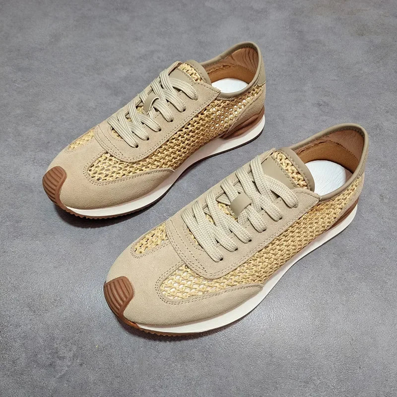 Men's Breathable Woven Sneakers | Leather-Trim Lace-Up Casual Shoes