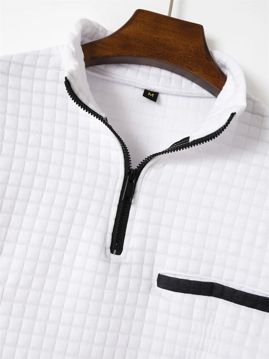Footmax Men's Plaid Turtleneck Zipper Polo Shirt - Long Sleeve Business Casual Sports - footmaxldn