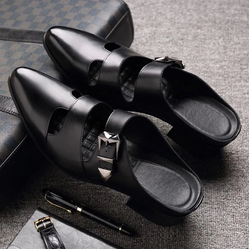 Men's Black Leather Block Heel Mule Slides | Footmaxldn