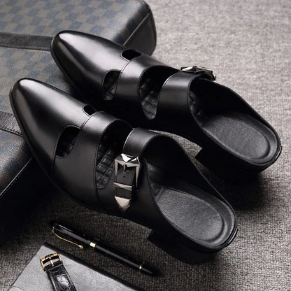 Men's Black Leather Block Heel Mule Slides | Footmaxldn