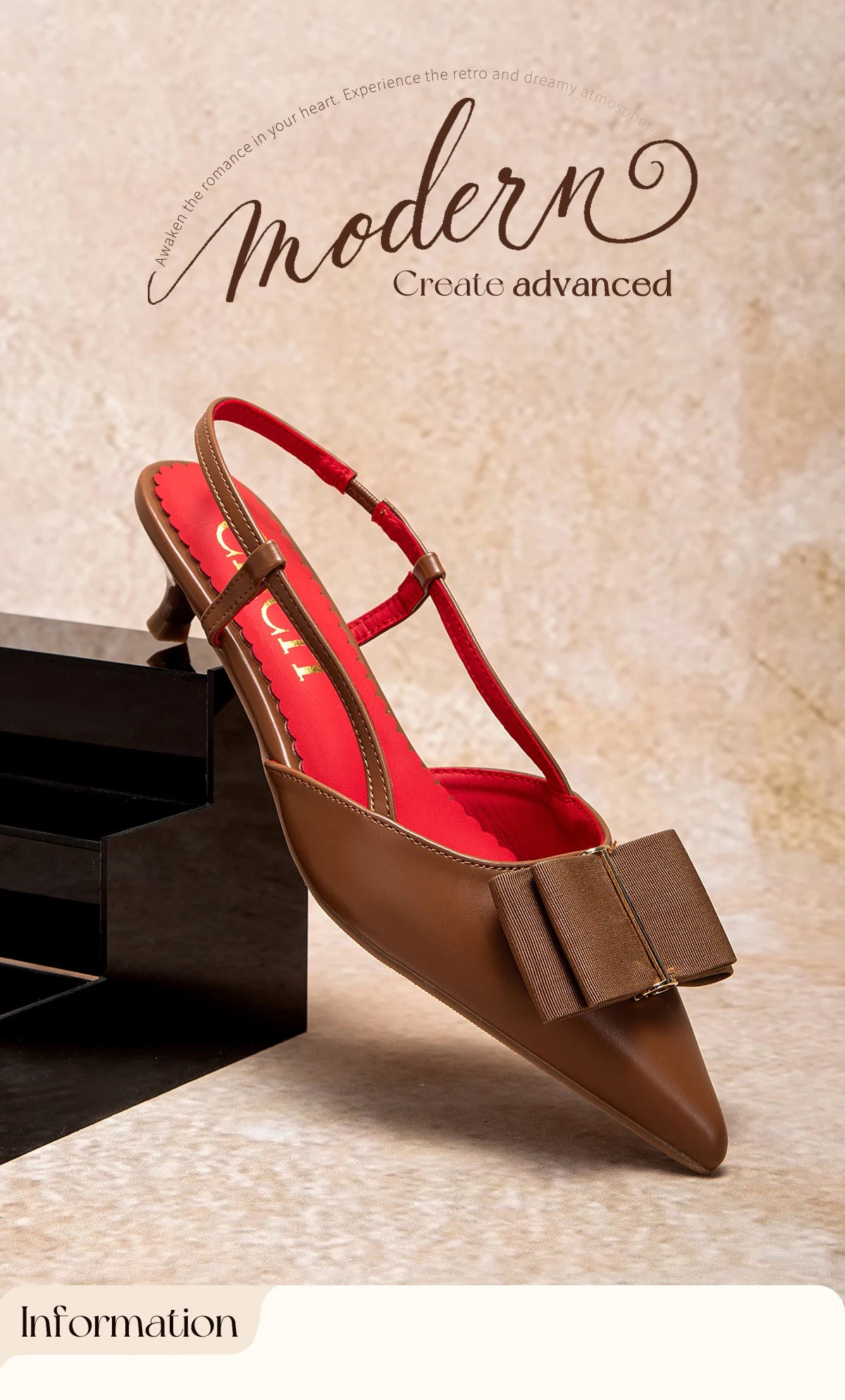 Brown high-heeled shoe with a bow on a textured beige background