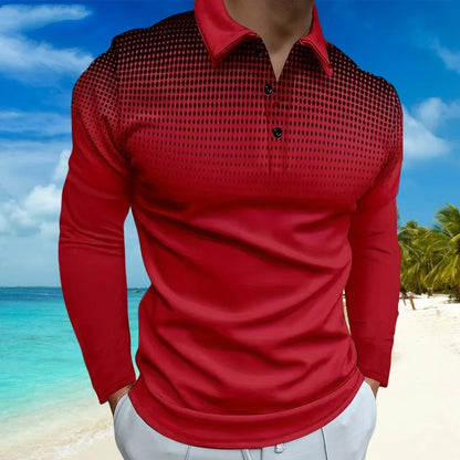 Footmax Men's Gradient Dot Print Golf Polo Shirt - Long Sleeve Casual Streetwear Button Up - footmaxldn