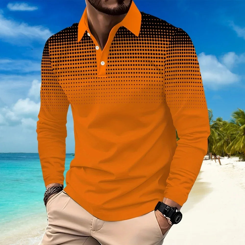 Footmax Men's Gradient Dot Print Golf Polo Shirt - Long Sleeve Casual Streetwear Button Up - footmaxldn