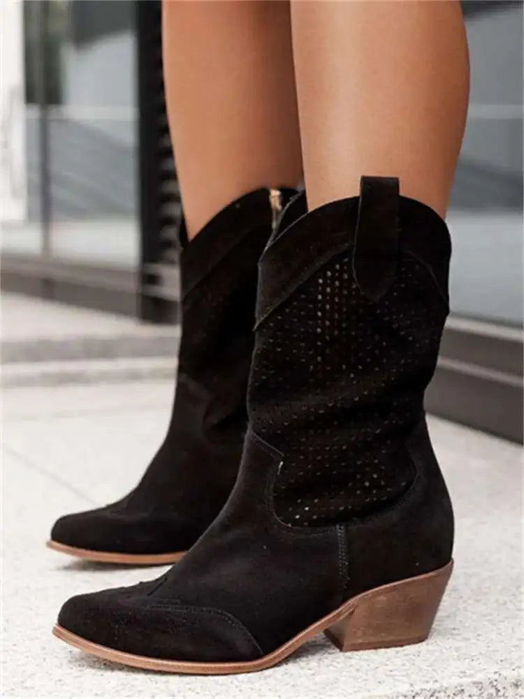 Footmax Women's Black Suede Mid Boots - Chunky Heel Side Zip Booties - footmaxldn