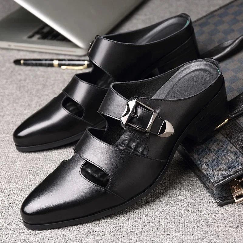 Men's Black Leather Block Heel Mule Slides | Footmaxldn