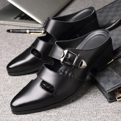Men's Black Leather Block Heel Mule Slides | Footmaxldn