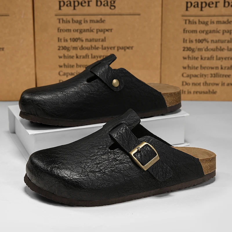 Comfort Cork Leather Slippers for Unisex Men Women Slip on Half Shoes Sandals Closed Toe Backless Health Footbed Slides Fashion - footmaxldn