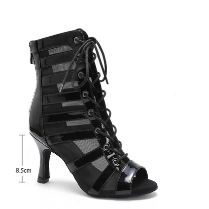 Black lace-up high-heeled shoe with a slipper and measurement details on a white background