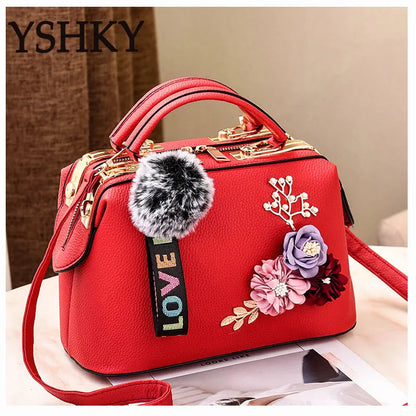 Footmax Luxury Crossbody Bag with Pom-Pom - Designer Women's Shoulder Handbag