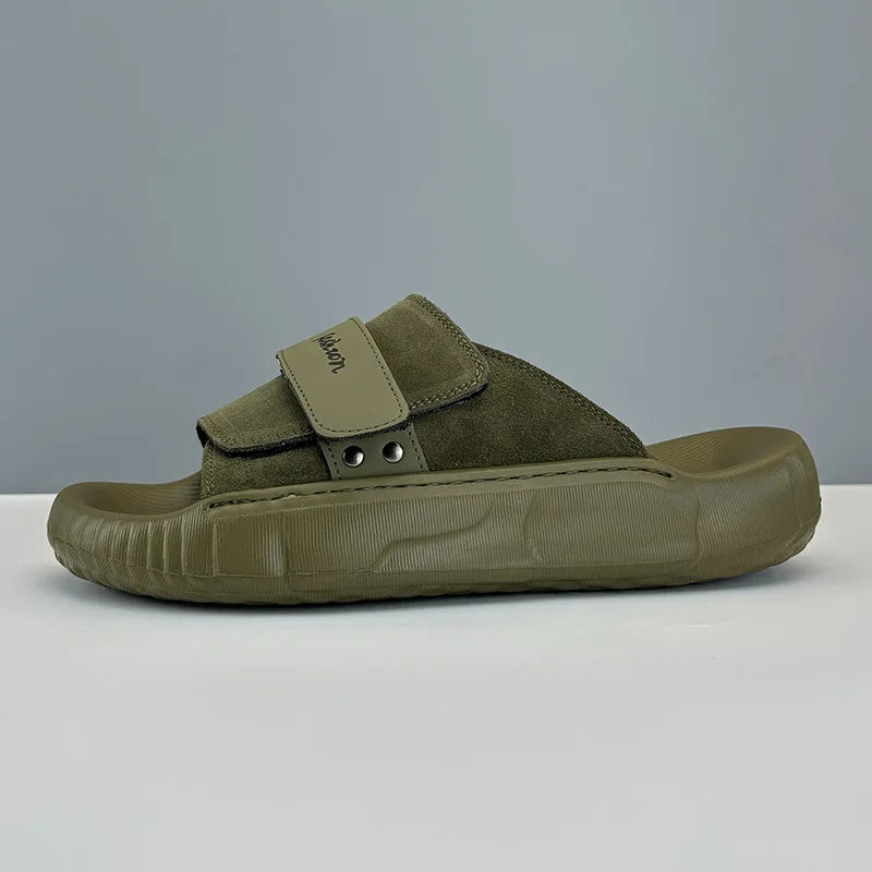 2024 Summer New Arrival Trend Lightweight Casual Genuine Leather Slippers Non-slip Outdoor Amy Green Cool Men Slippers - footmaxldn