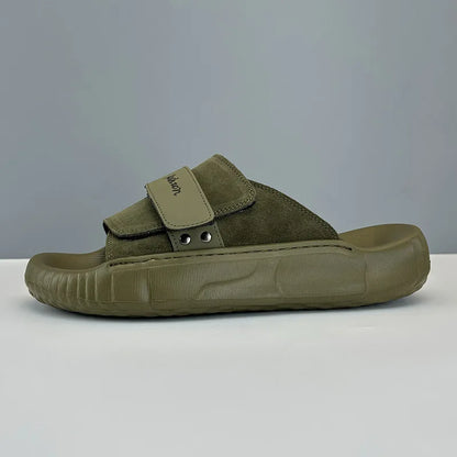 2024 Summer New Arrival Trend Lightweight Casual Genuine Leather Slippers Non-slip Outdoor Amy Green Cool Men Slippers - footmaxldn