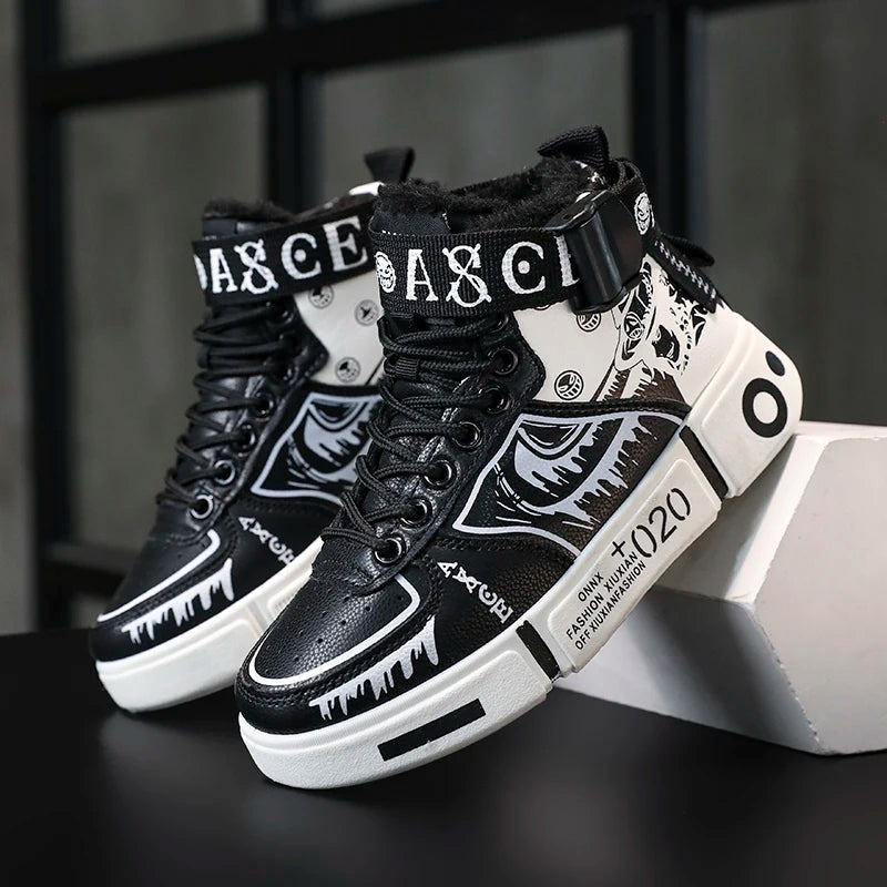 Boys' high-top sneakers 2025 Autumn/Winter new style children's sports shoes Buckle student soft-soled fleece casual shoes - footmaxldn