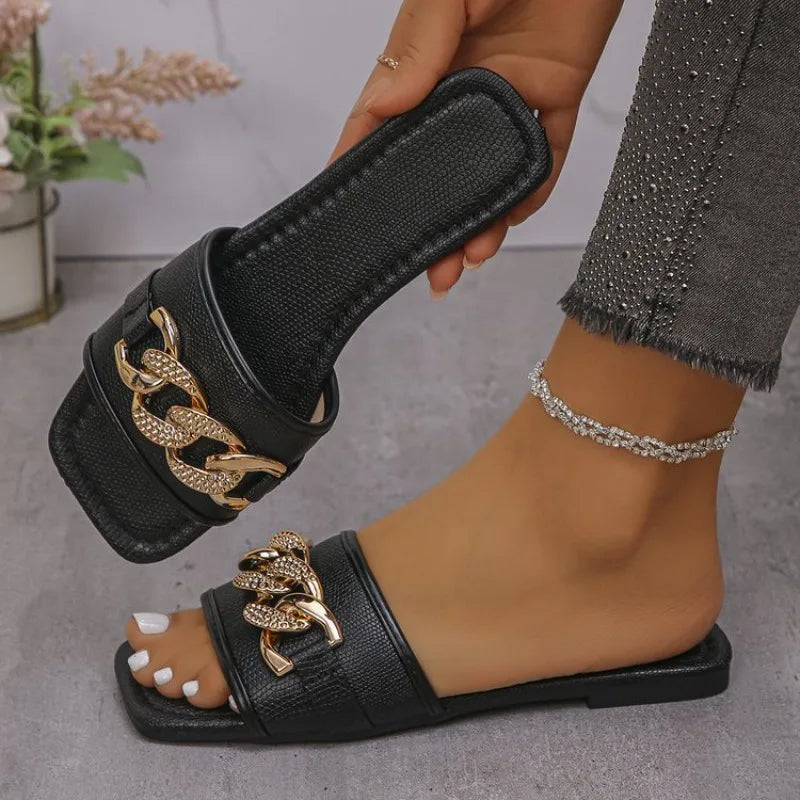 Footmaxldn Women's Metal-Accent Slip-On Sandals | Open Toe Flat Mules