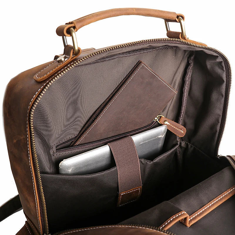 Vintage Men's Crazy Horse Leather Backpack Business Man High Quality Travel Backpack Real Leather Laptop Bag School satchel Bags - footmaxldn