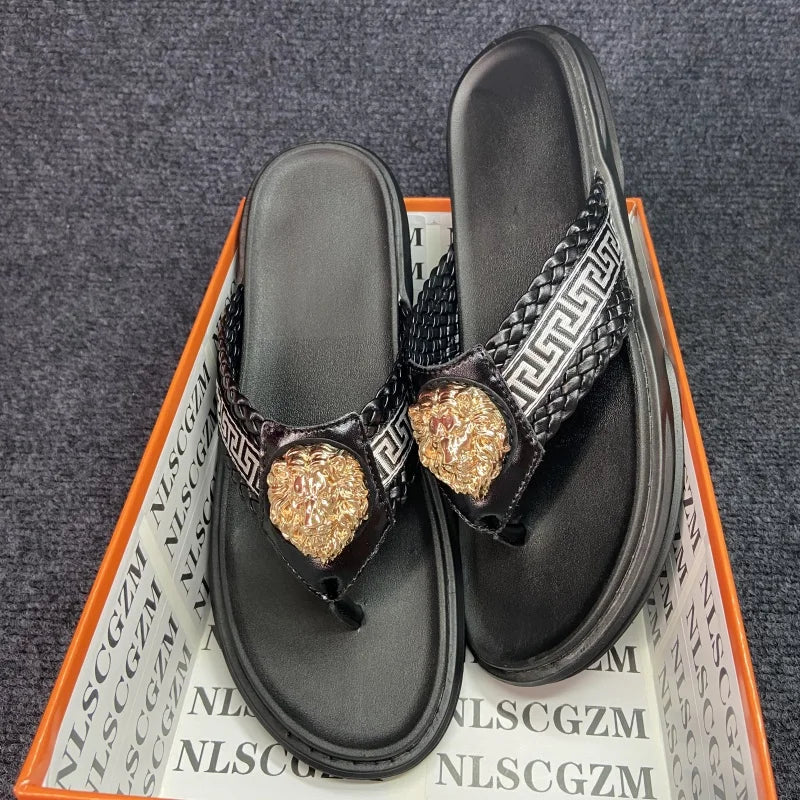 Footmaxldn Lion Head Flip Flops – Men's Luxury Leather Thong Sandals