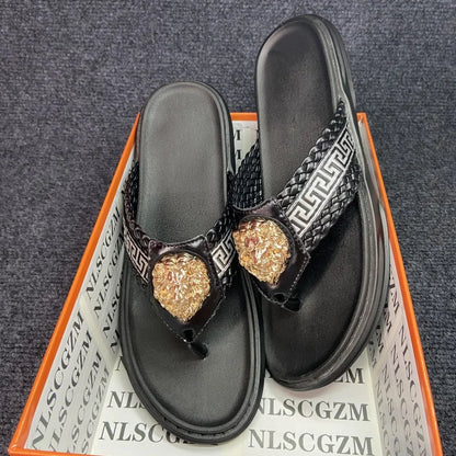 Footmaxldn Lion Head Flip Flops – Men's Luxury Leather Thong Sandals