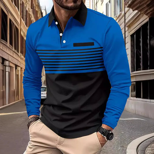 Footmax Men's Striped Collar Long Sleeve Polo Shirt - Casual Autumn 2025 - footmaxldn