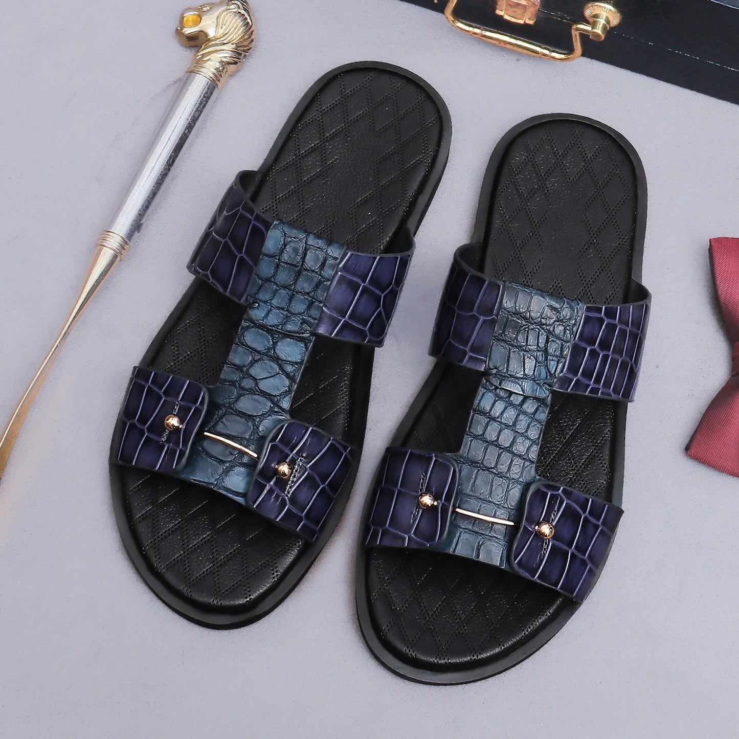 Men's Croc-Embossed Leather Slide Sandals | H-Strap Summer Slides – Footmaxldn