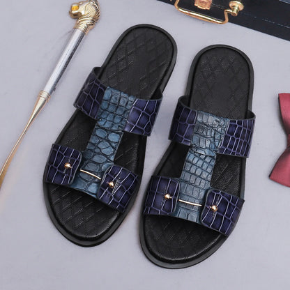 Men's Croc-Embossed Leather Slide Sandals | H-Strap Summer Slides – Footmaxldn