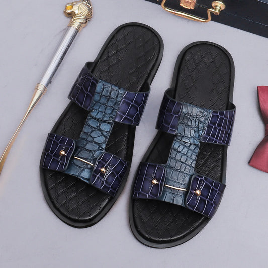 Men's Croc-Embossed Leather Slide Sandals | H-Strap Summer Slides – Footmaxldn