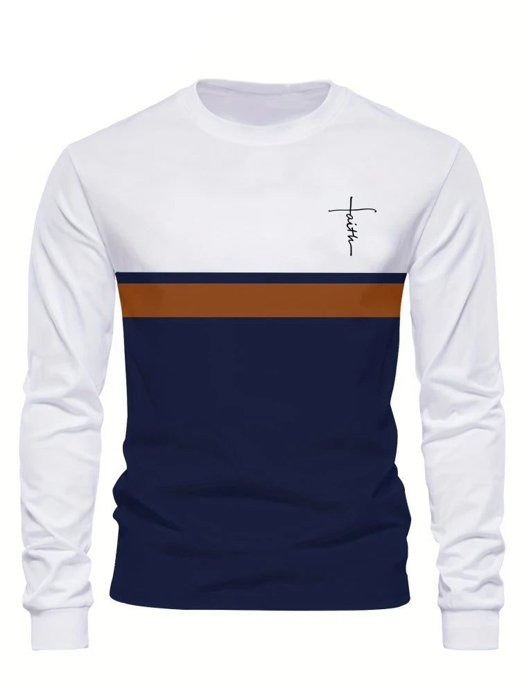 Men's Beige & Black Colour-Block Long-Sleeve T-Shirt