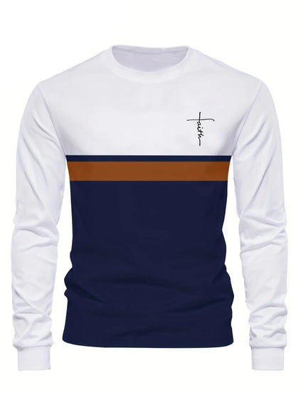Men's Beige & Black Colour-Block Long-Sleeve T-Shirt