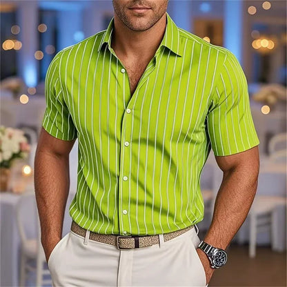Men's Striped Short Sleeve Shirt - Casual Breathable Button-Up by Footmax