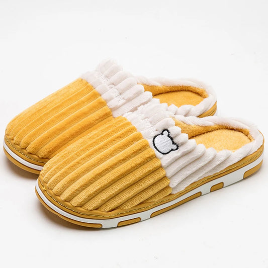 Smile Pop Women Confinement Soft Cotton Slippers Warm Non-slip Plush Home Cotton Slippers Men Winter Couple Cotton Slippers - footmaxldn