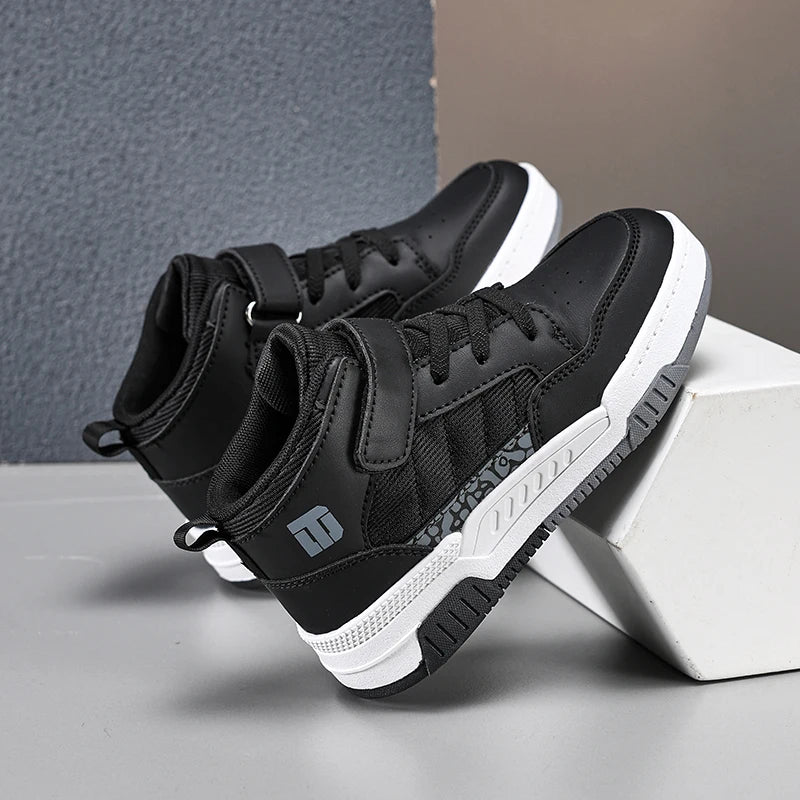 A pair of children's four-season leather high-top sports shoes, durable and fashionable sneakers, sizes 28-36，YZ-8888 - footmaxldn