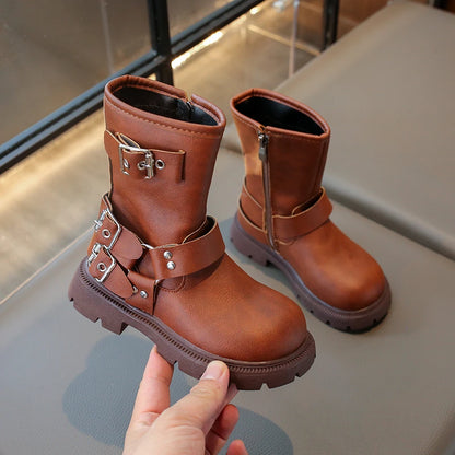 2025 Autumn Winter New Children Leather Shoes for Girls Fashion British Style Soft Bottom Anti-slippery Versatile Short Boots - footmaxldn