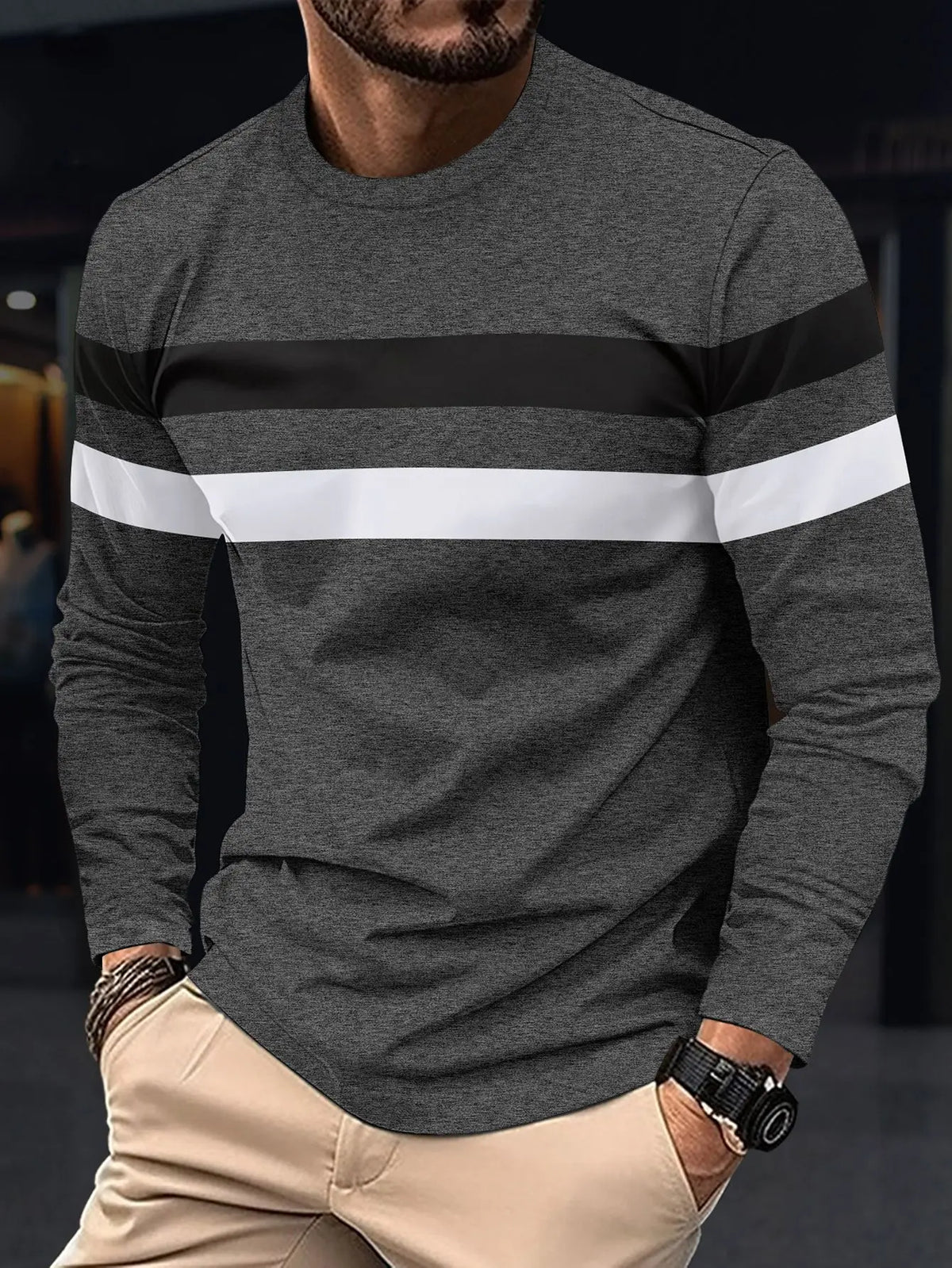 Men's Striped Long Sleeve T-Shirt - Round Neck Oversized Tee