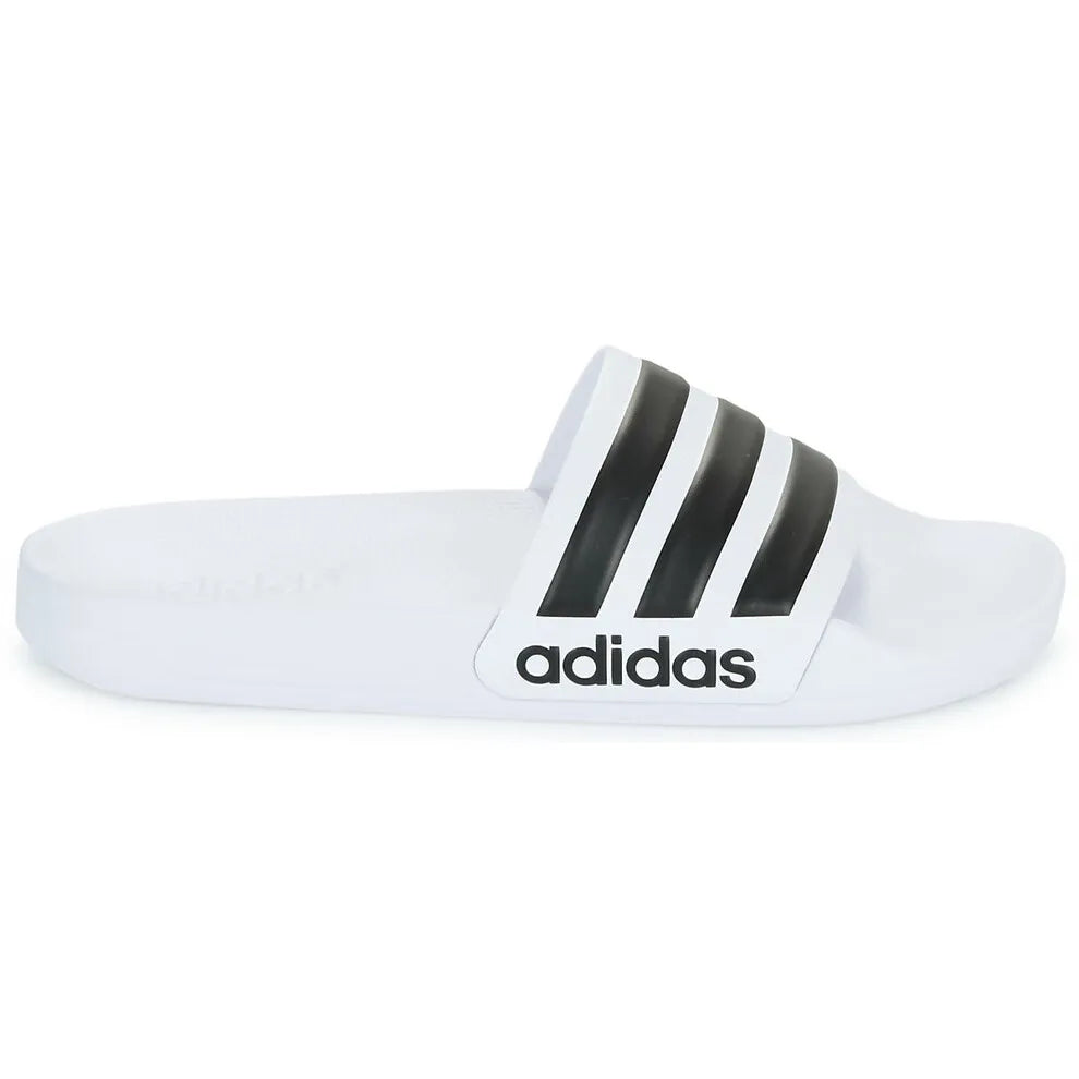 Adidas White Slides with Black Three - Stripes and Brand Name - Casual and Comfortable Footwear - footmaxldn