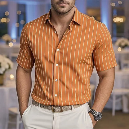 Men's Striped Short Sleeve Shirt - Casual Breathable Button-Up by Footmax