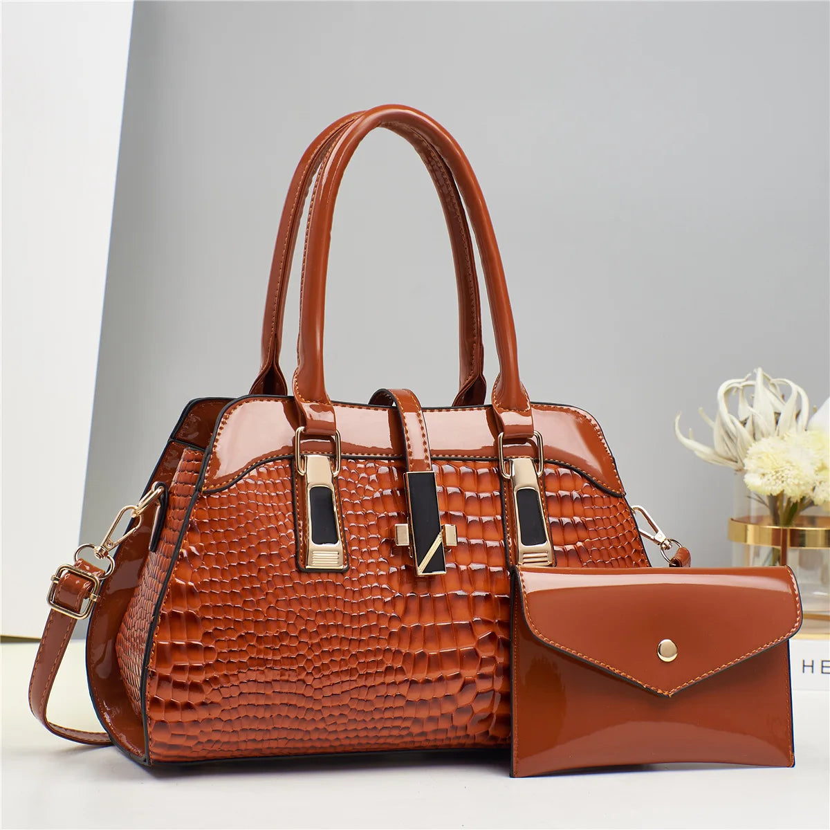 Luxury Brand Crocodile Handbag Women Tote Bag Bright Leather Women Purse Shoulder Bag Female Top-handle Bags Commuting Shopping - footmaxldn