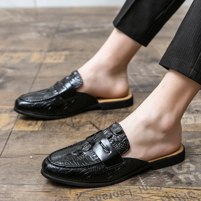 New Men Half Slippers Penny Loafers Male Casual Alligator Pattern Black Brown Mules Moccasins Breathable Driving Shoes - footmaxldn