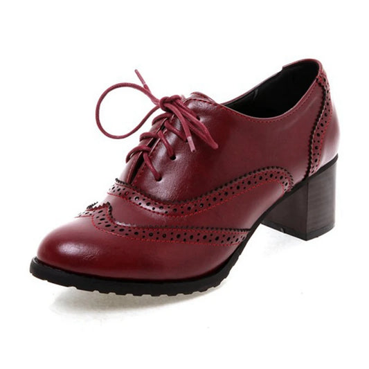 Footmax Women's Wood Heel Platform Brogue Pumps - 5.5cm Carved Retro Lace-Up Shoes - footmaxldn