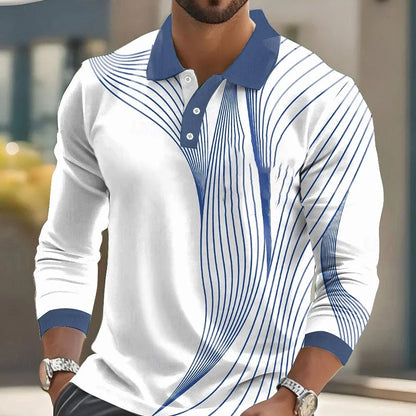 Footmax Men's Striped Print Golf Shirt - Long Sleeve Polo Business Casual 3D Autumn Winter - footmaxldn