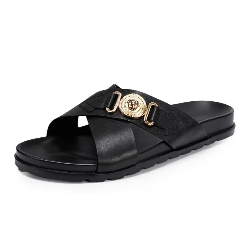 Footmaxldn Men's Genuine Leather Slide Sandals | Cross-Strap Beach & Casual Shoes