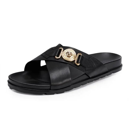 Footmaxldn Men's Genuine Leather Slide Sandals | Cross-Strap Beach & Casual Shoes