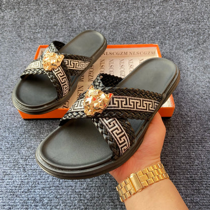 Footmaxldn Lion Head Cross-Strap Slides | Men's Designer Sandals