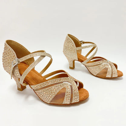 Footmaxldn Women's Latin Ballroom Dance Shoes | Rhinestone Satin & Suede Sole